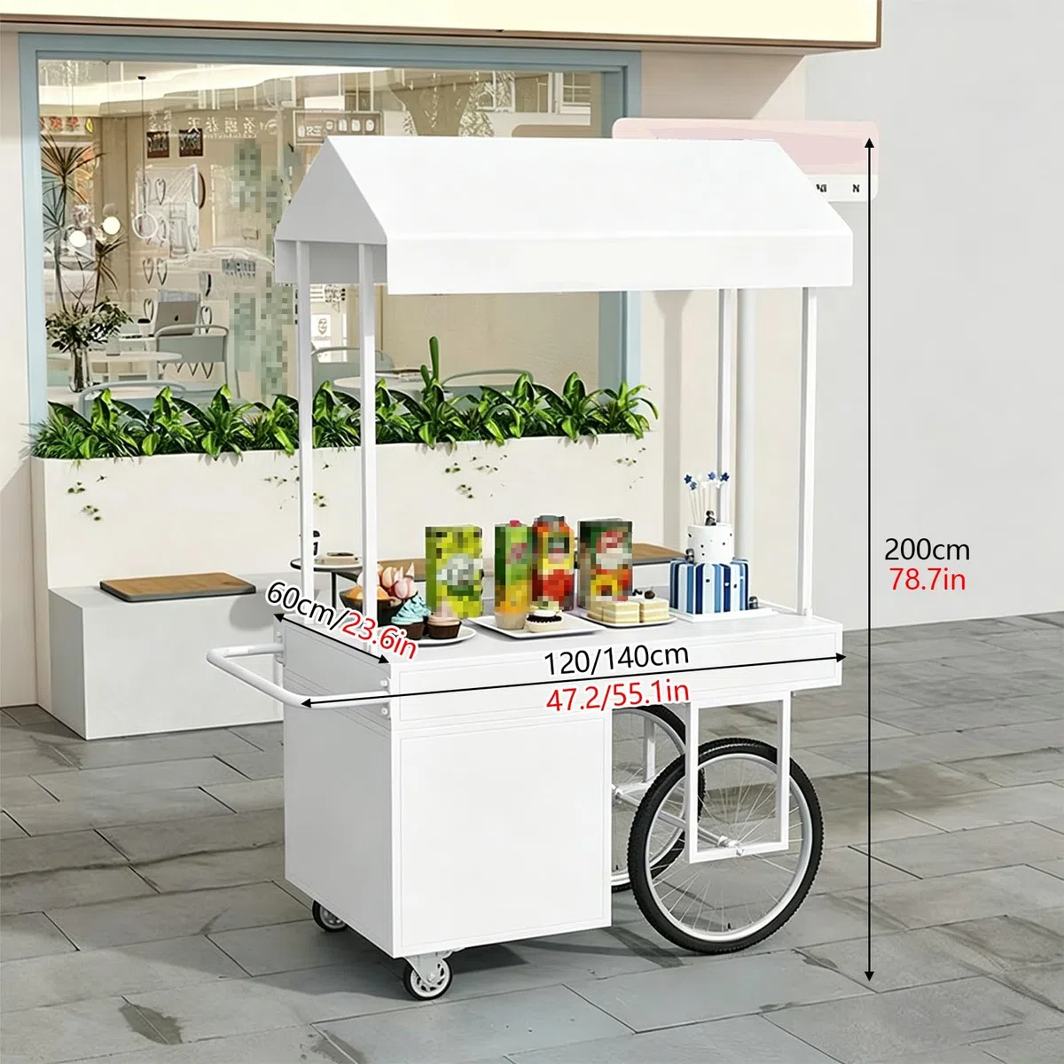 Chariot portable à 4 roues avec pare-soleil réglable et boîte de rangement pour marchés de rue, événements et fêtes