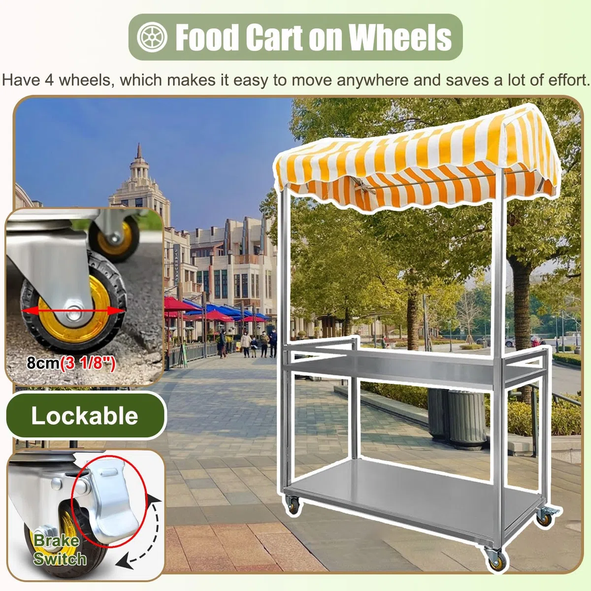 Chariot alimentaire pliable avec roues – Distributeur automatique à 2 couches avec auvent, kiosque de concession portable pour événements et marchés en plein air, 100 cm de large, jaune