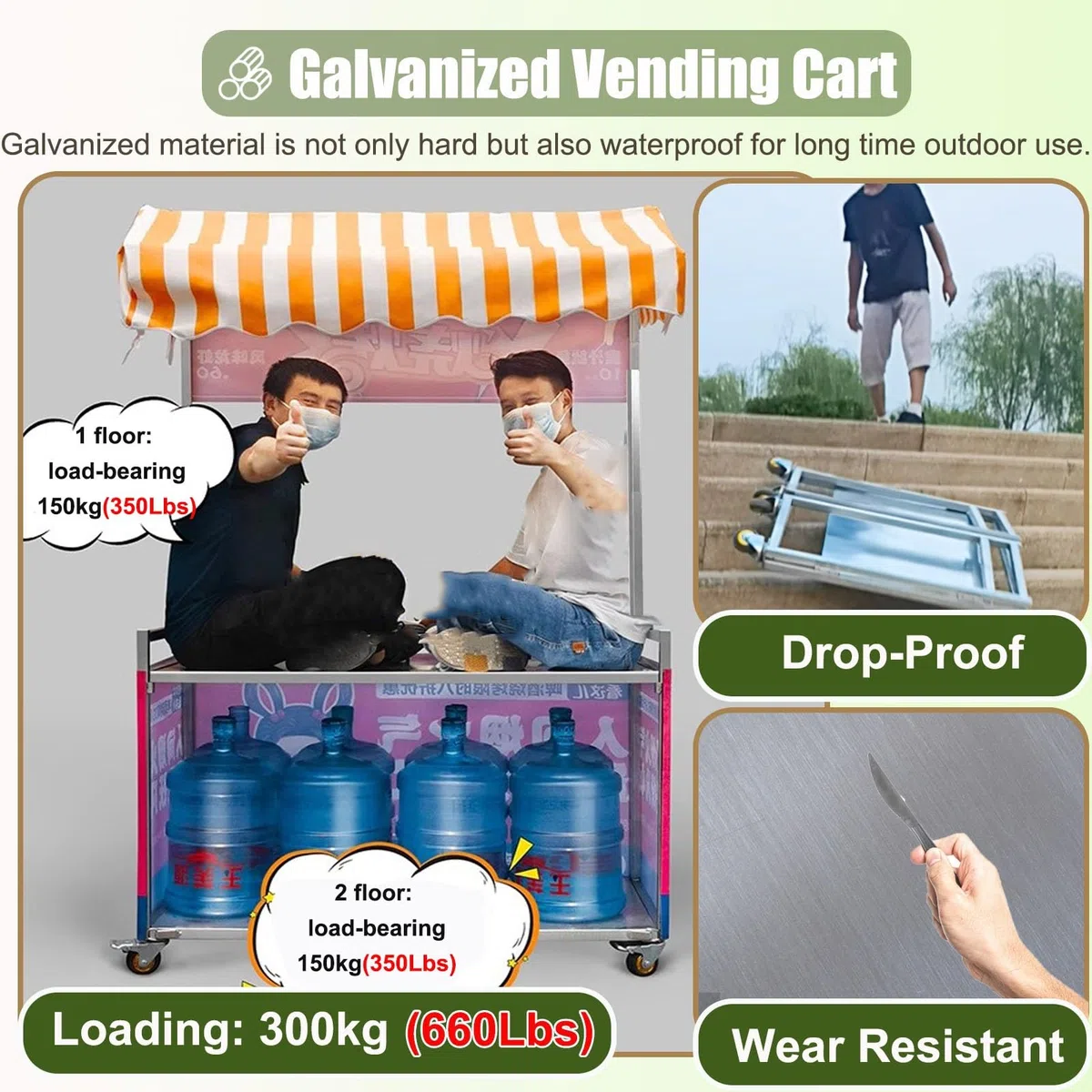 Chariot alimentaire pliable avec roues – Distributeur automatique à 2 couches avec auvent, kiosque de concession portable pour événements et marchés en plein air, 100 cm de large, jaune