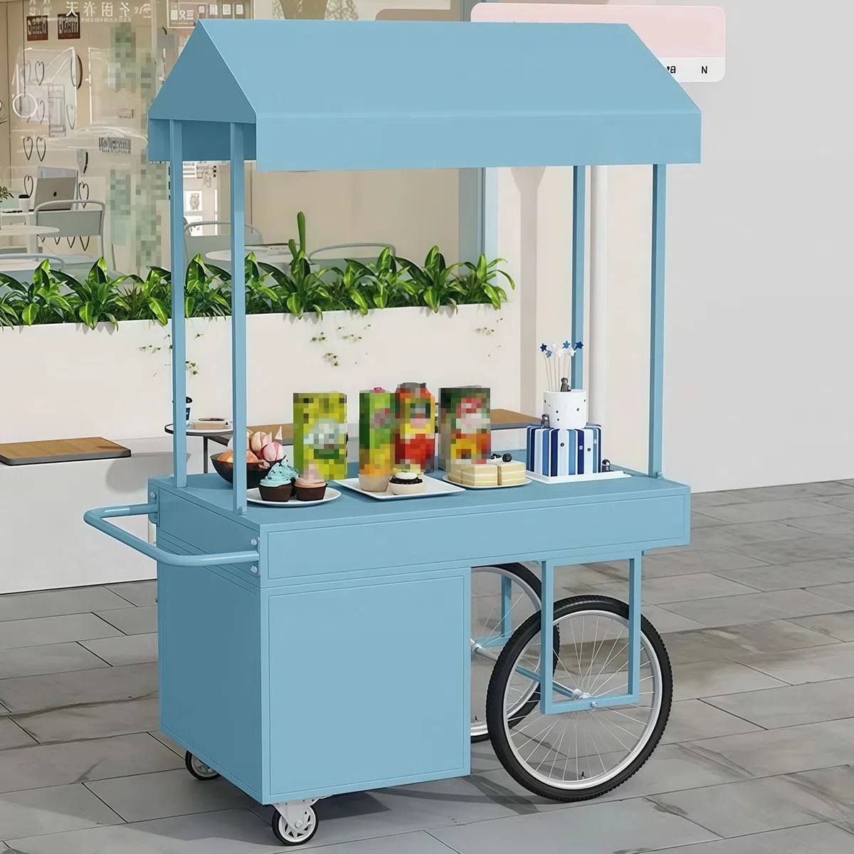 Chariot portable à 4 roues avec pare-soleil réglable et boîte de rangement pour marchés de rue, événements et fêtes