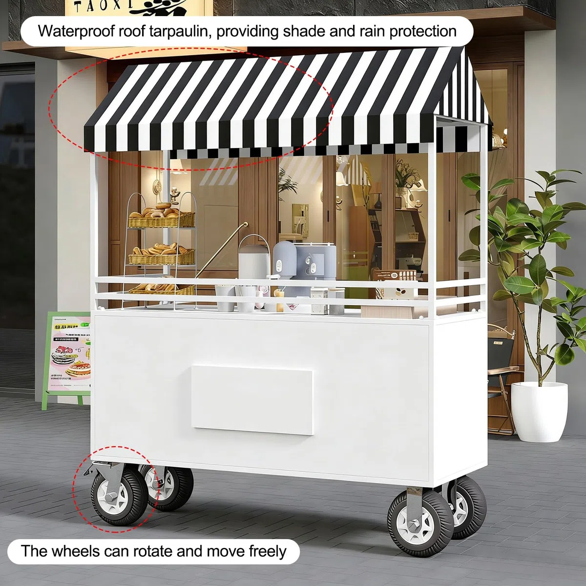 Chariot de vente mobile avec roues et auvent pour la nourriture de rue et les événements